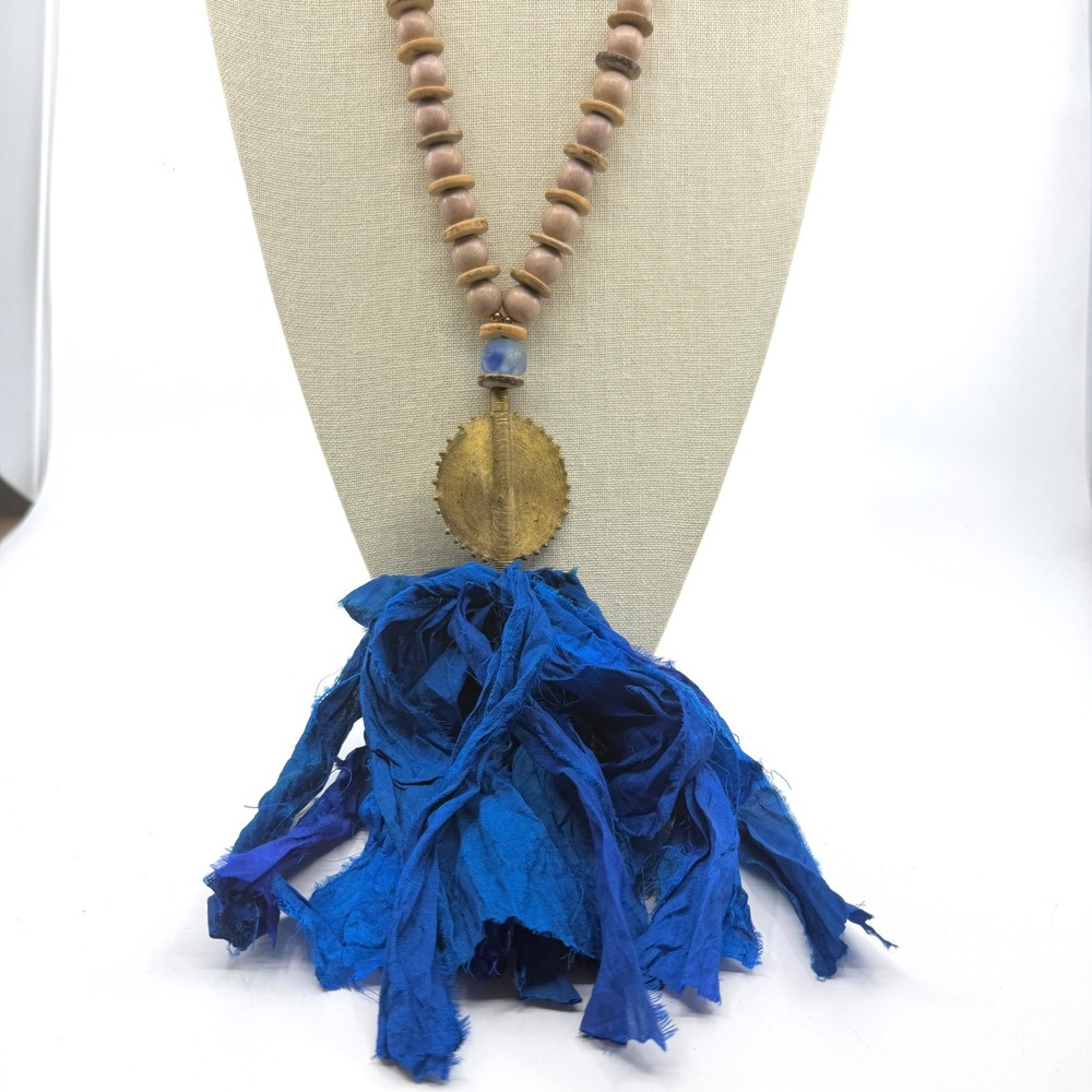 Blue Fabric Tassel Wood Bead Necklace Brass Tone Medallion Boho Statement Gift